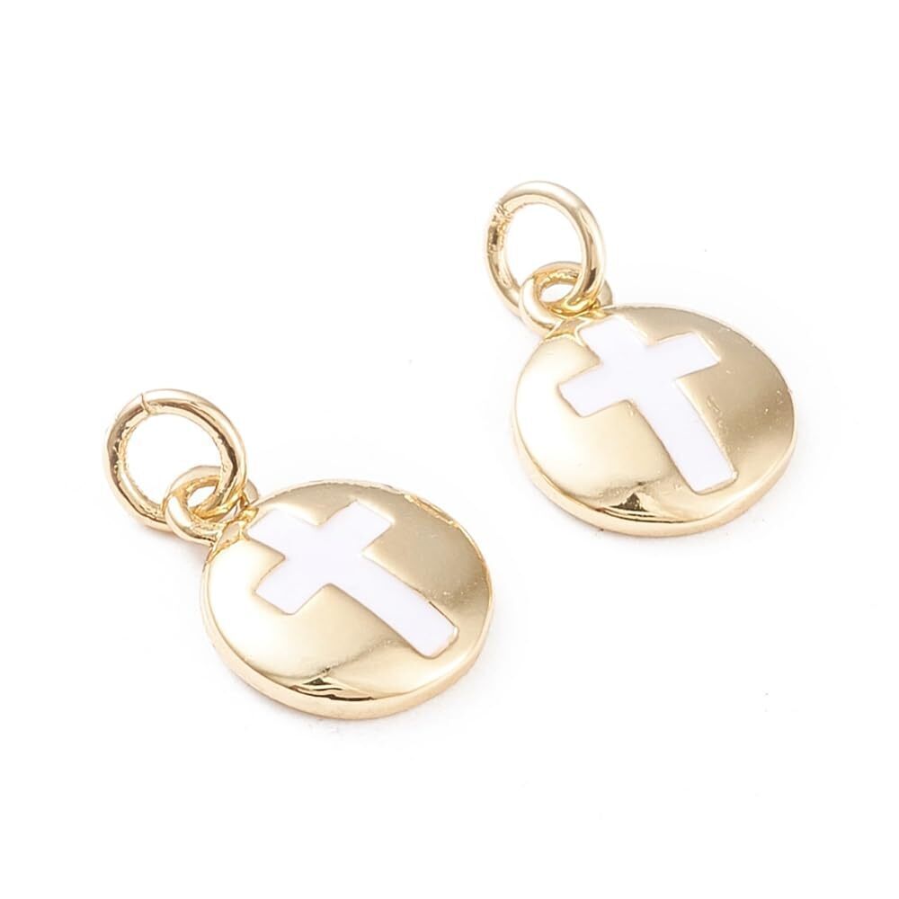 1297 10Pcs Flat Round Cross Charms Brass Enamel Religious Crucifix Charms